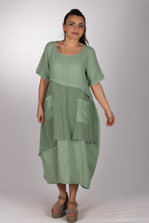 File Parça Detaylı Yarım Kol Keten Elbise Nefti Yeşil RenkELBİSE